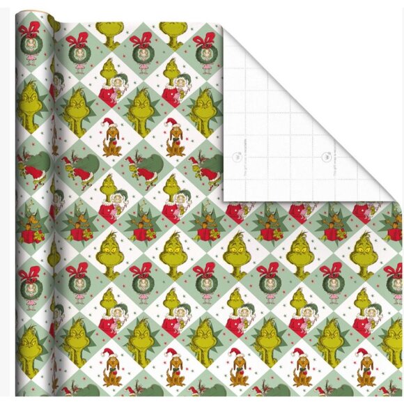 Hallmark Wrapping Paper Christmas Grinch on Colored Squares 70 sq ft Jumbo Roll - Picture 2 of 5